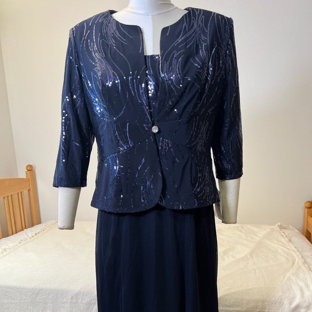 NWT ALEX EVENINGS Navy Blue Sequined A-ine Midi Petite Dress & Jacket - Size 12P - Picture 2 of 14